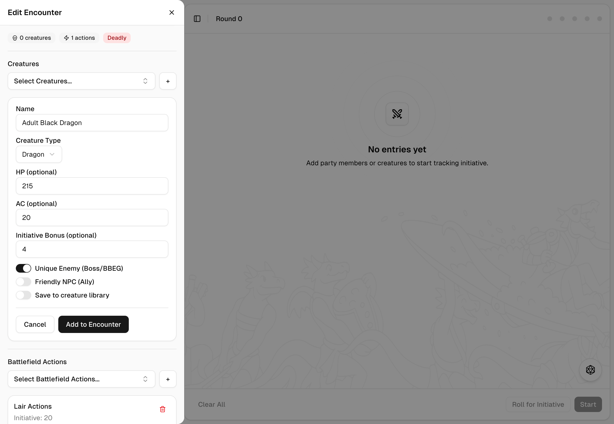 Encounter builder features